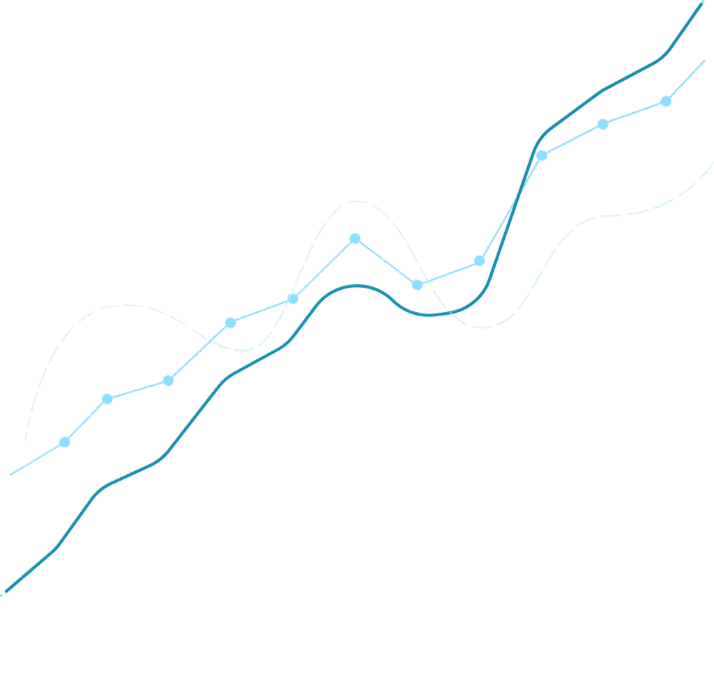 Line graph with projected growth curves representing economic modelling, forecasting scenarios and trend analysis.