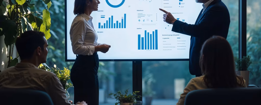 Professionals presenting economic data charts on screen representing comprehensive market research reports and industry analysis.